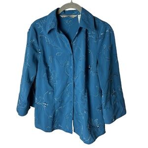 Penmans Shirt Size Medium Blouse Top 3/4 Sleeves Floral Embroidered Blue Black